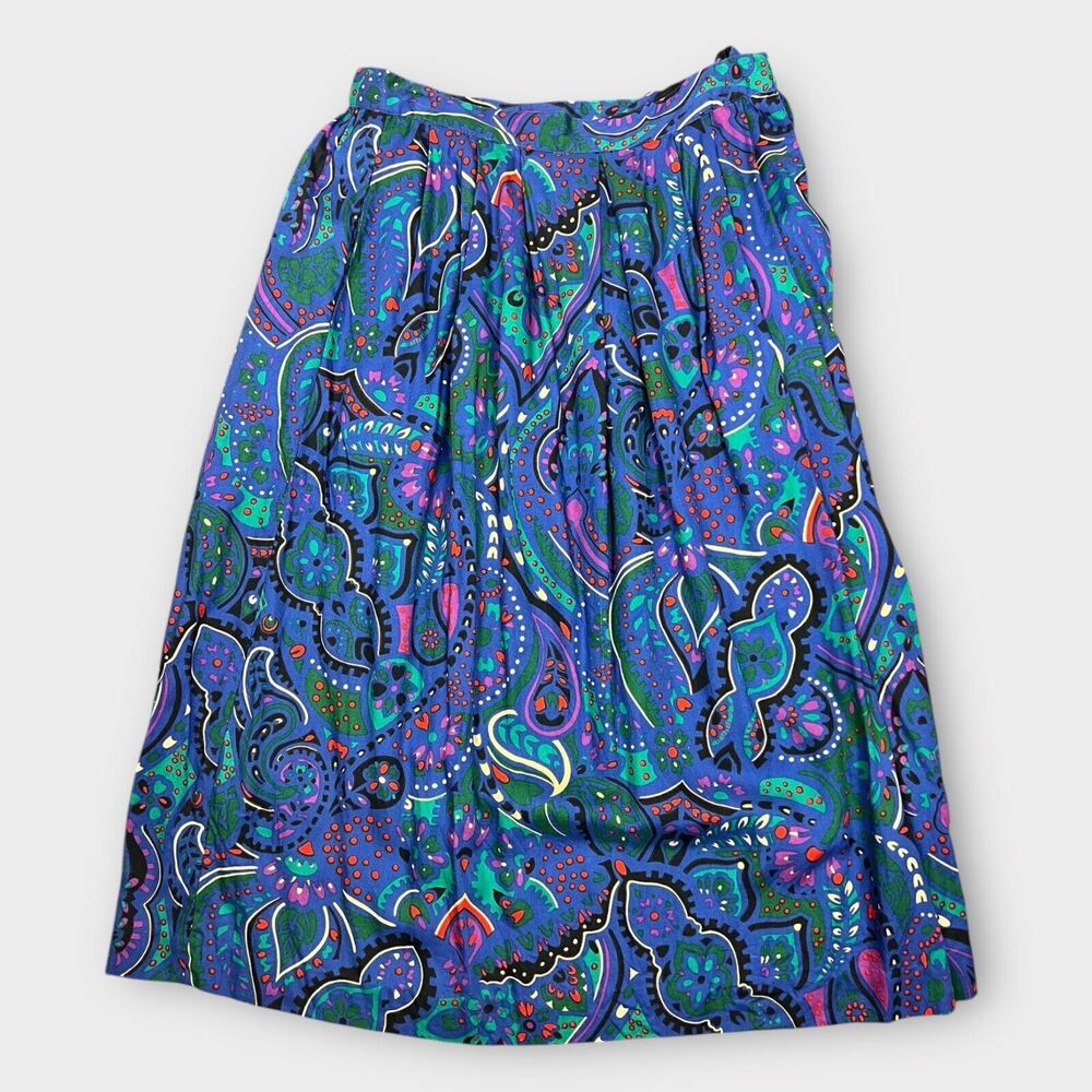 Vintage‎ Paisley Pleated Midi Skirt High Waist Rayon Blue Small